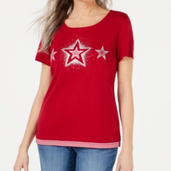 Karen Scott Short Sleeve Patriotic Cotton Top NWT Sz S - Picture 1 of 9